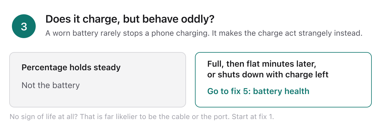 Triage step 3: a jumping percentage or shutdown with charge left points to a worn battery