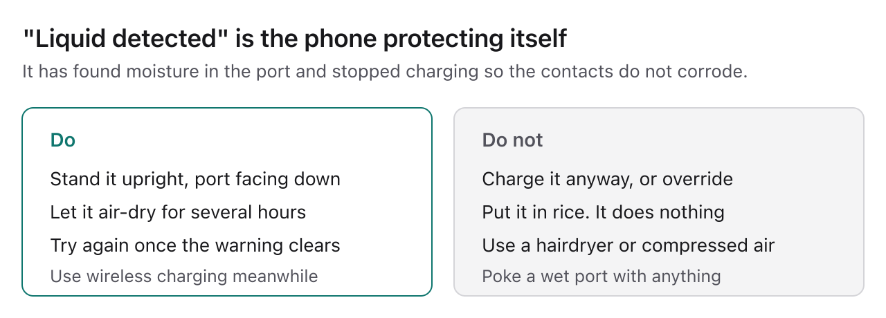 Liquid detected: do let it air-dry upright, do not charge it, use rice or use a hairdryer