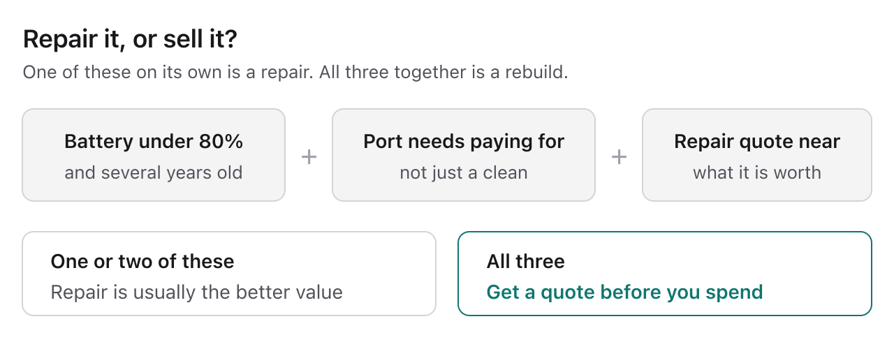 Repair or sell decision: one fault is a repair, all three of battery below 80%, paid port repair and an old phone means sell